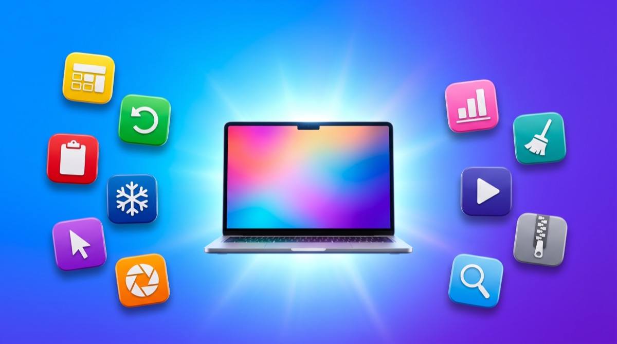 Eleven Mac app icons floating around a MacBook