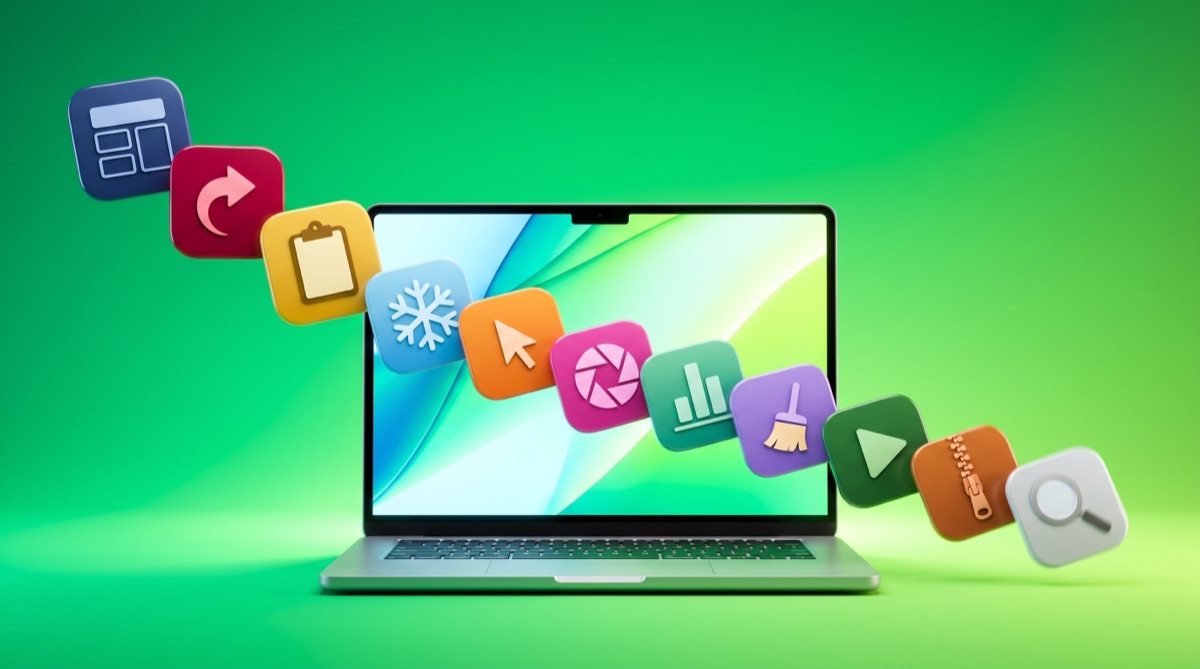 Mac app icons tumbling across a MacBook screen