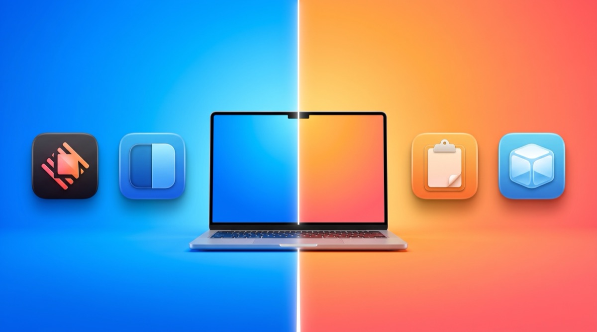 A MacBook split between a blue work side and a warm personal side