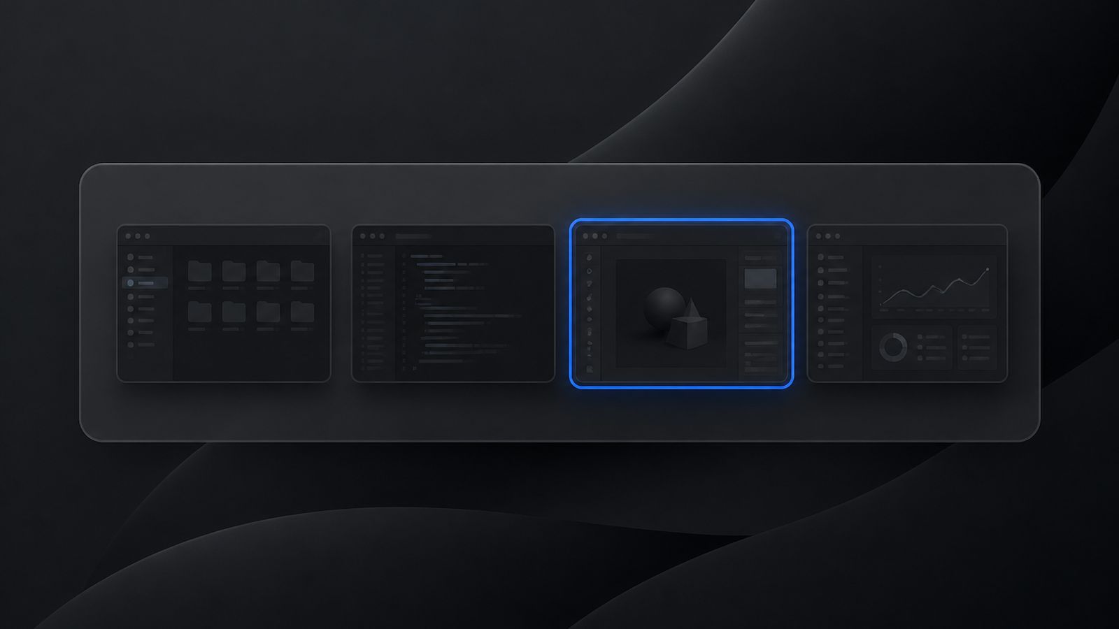 A translucent window switcher panel showing four window thumbnails, one highlighted in blue