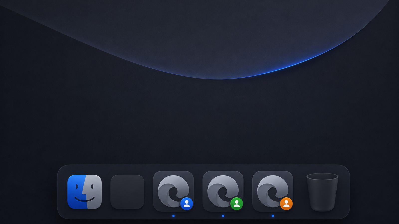 A Mac dock with three Chrome icons, each carrying a different profile avatar badge
