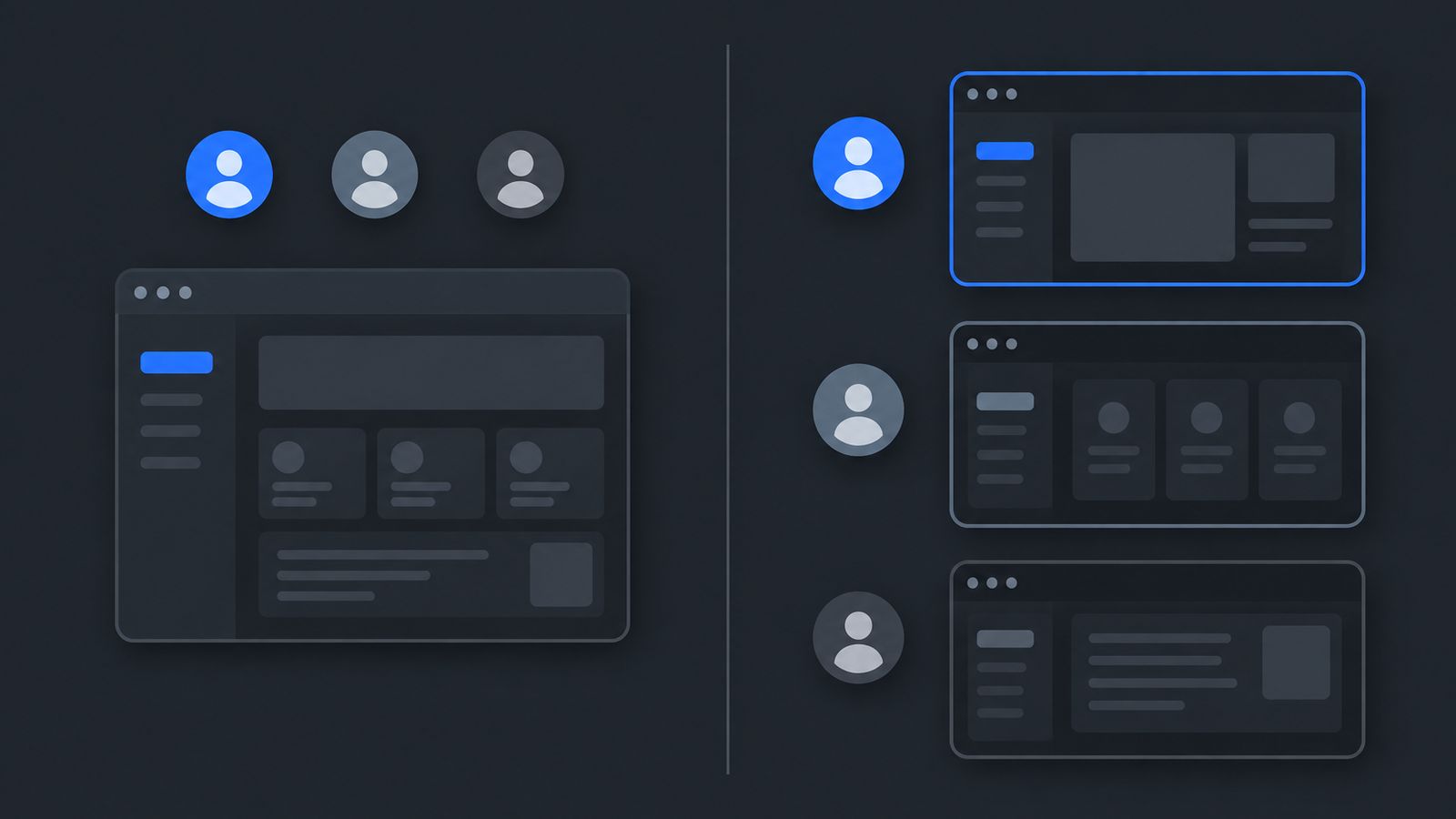 One browser window with three avatars beside three separate browser windows with one avatar each