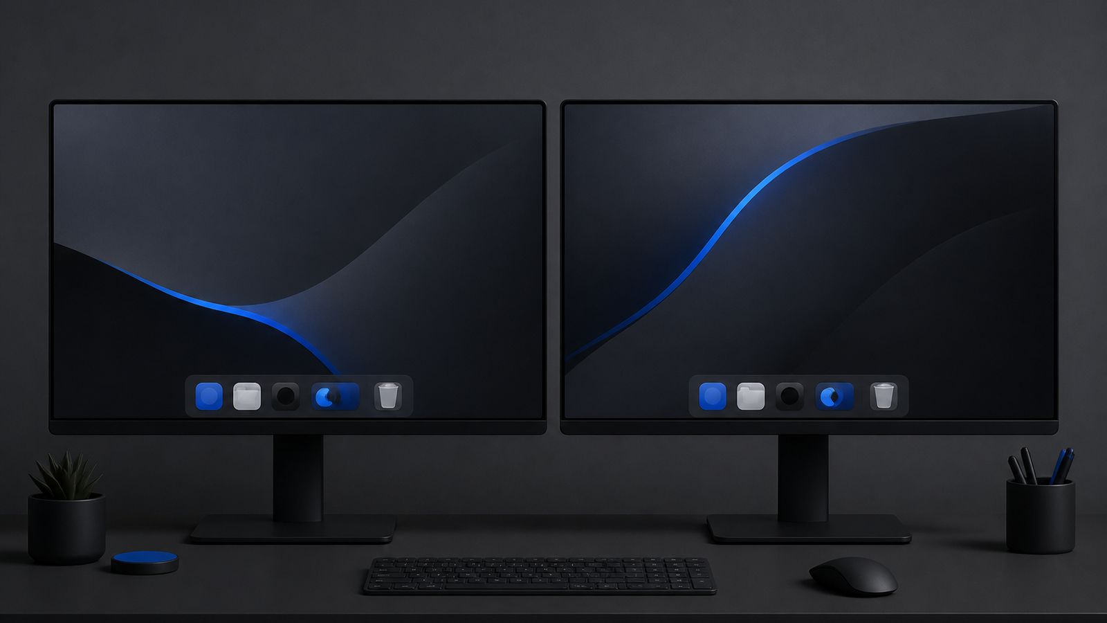 Two monitors side by side, each showing its own dock at the bottom edge