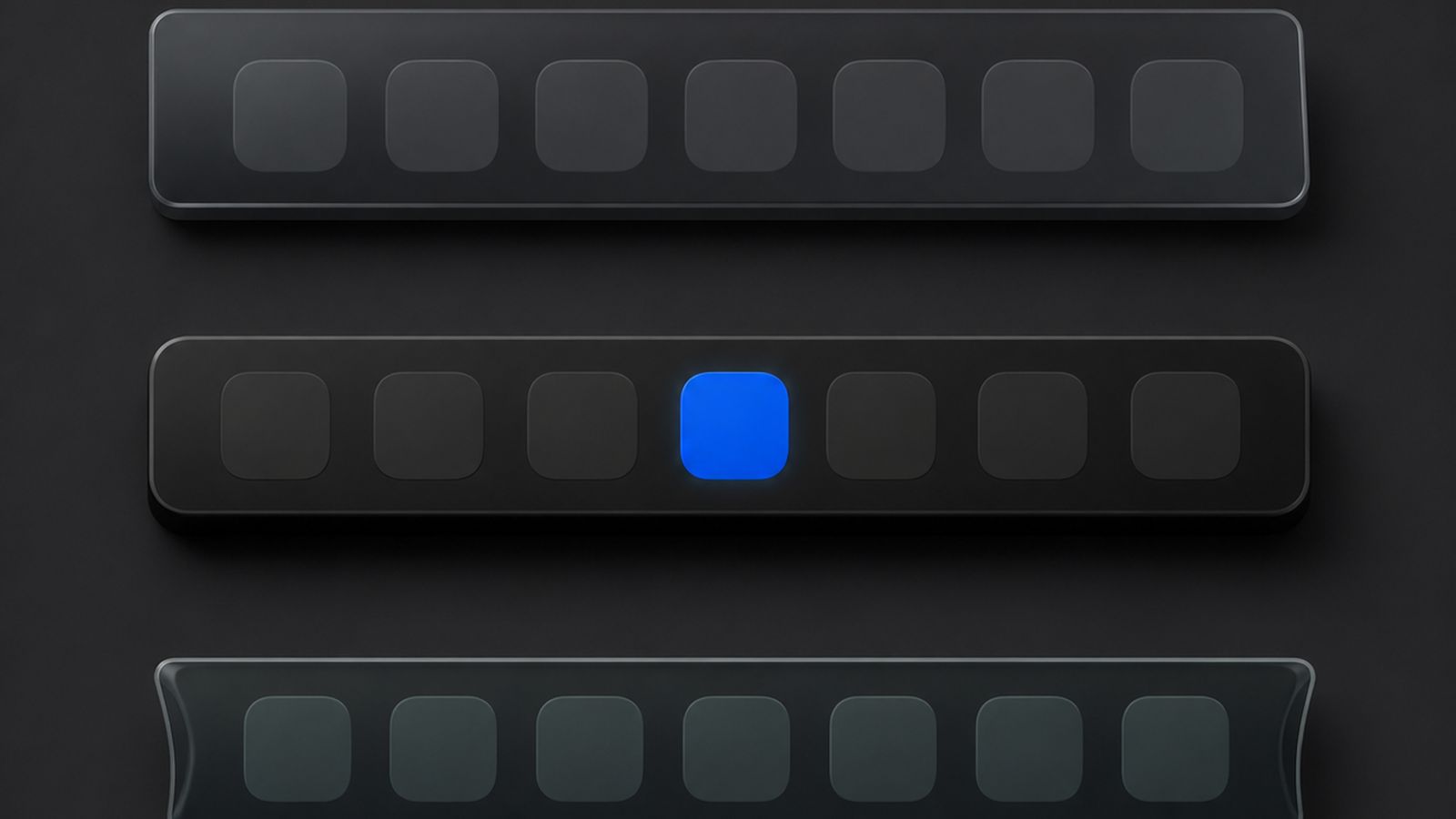 Three dock bars stacked in a lineup, the middle one with an electric-blue icon